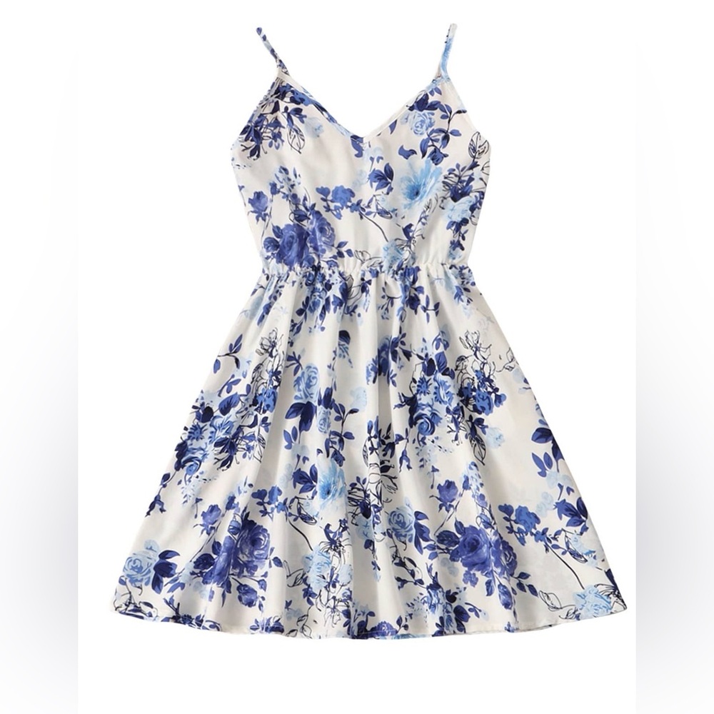 Blue Floral V-Neck Girls'  Sleeveless Midi Summer Dress Size 10